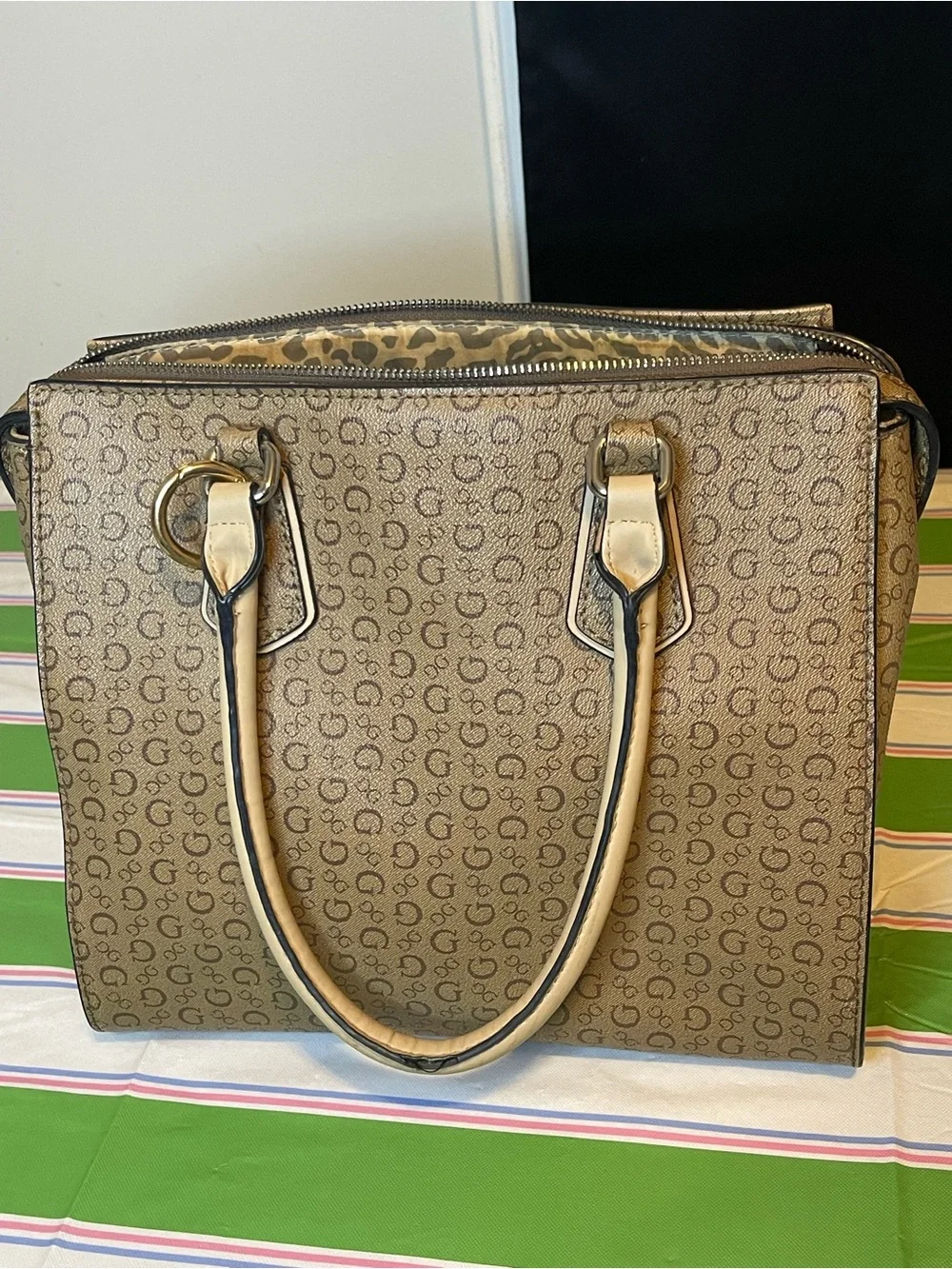 GUESS Tan Floral Applique Logo Satchel